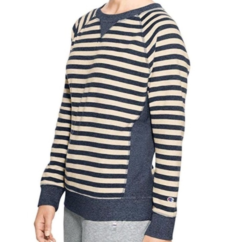 Champion Heritage French Terry Crew Striped Sweatshirt Navy Cream Small Nautical